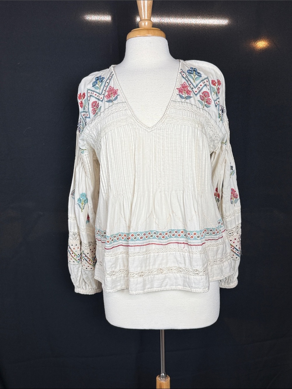 Anthropologie Boho Embroidered V-Neck Peasant Top - Cream with Multicolor Floral